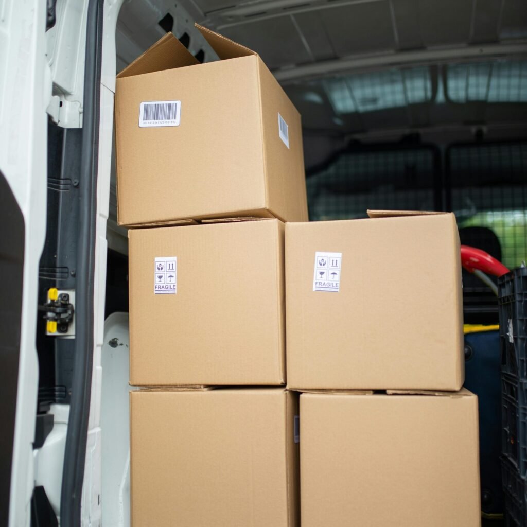 Stacked cardboard boxes inside an open delivery van, ready for shipment.